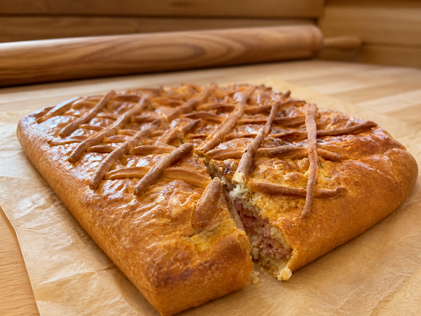 Пирог с ветчиной, сыром и чесноком